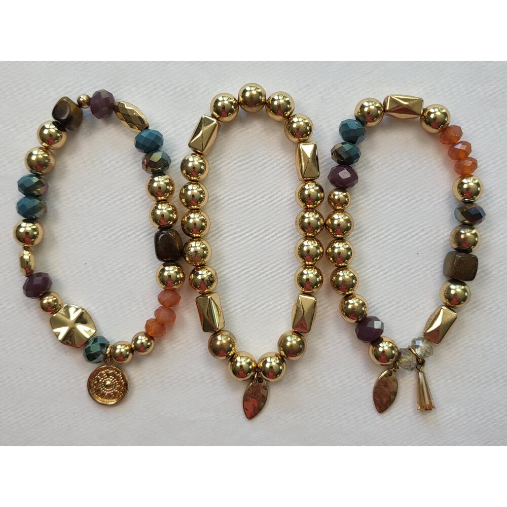 Multi-Colored Gold Tone Beaded Bracelet Set of 3 – Boho Charm Stack - Picture 4 of 8